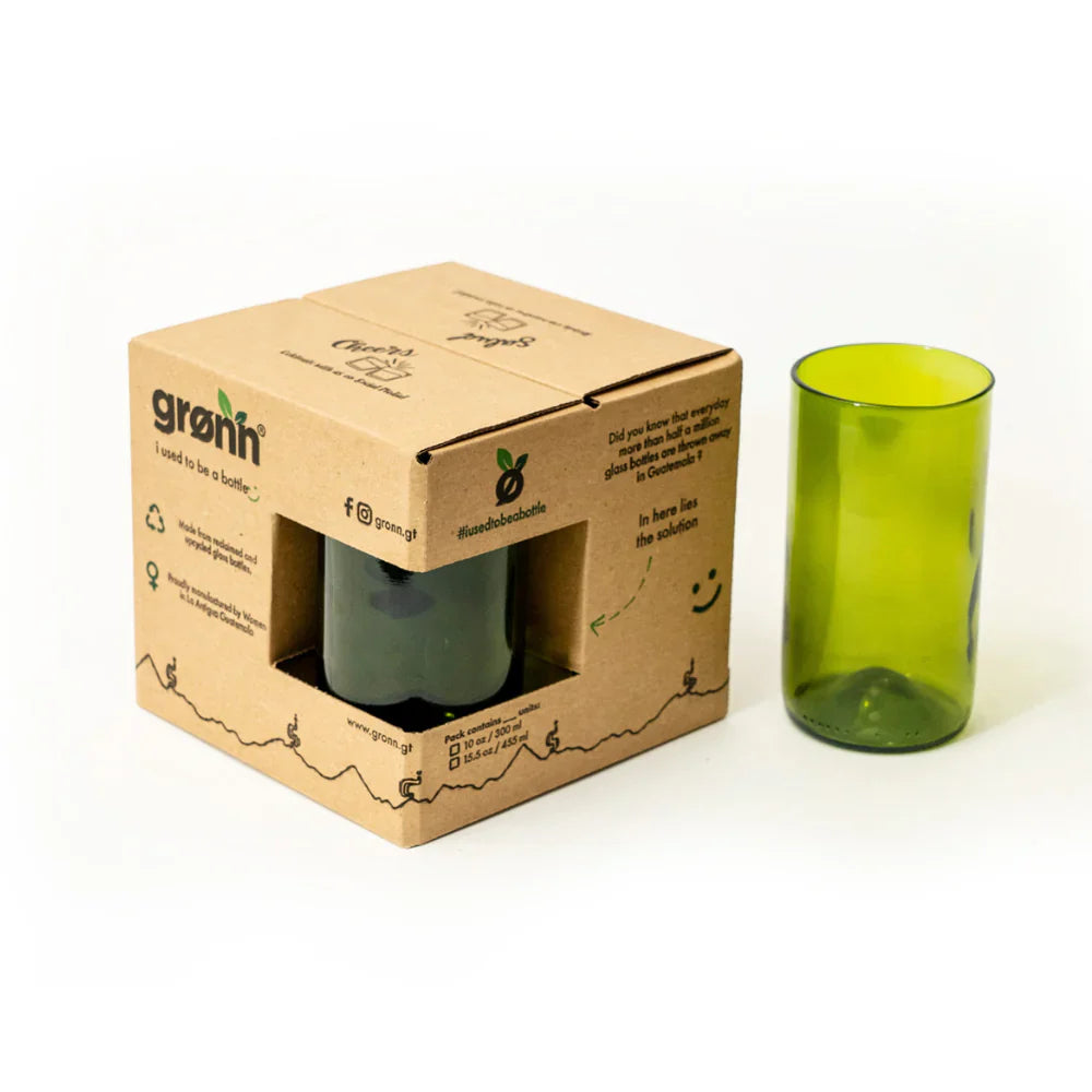 Reclaimed Olive Glass Tall Tumblers – Set of 4 In box and example 