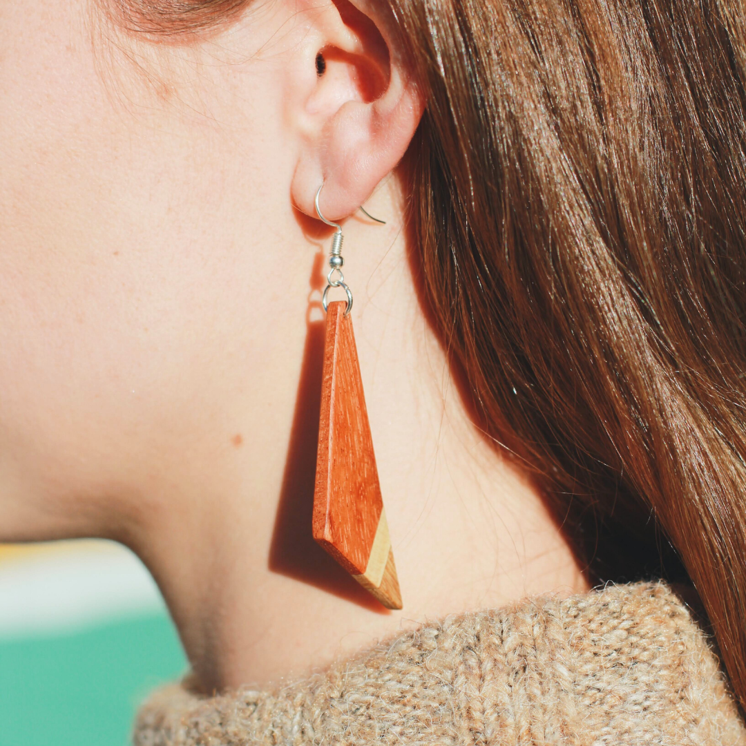 Asymmetric Tri-Tone Wood Triangle Earrings