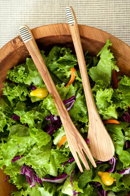 Slender Wild Olive Wood Salad Servers - Etched Bone Handles - Alternatives Global Marketplace
